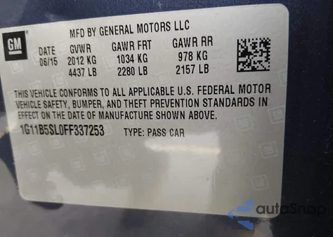 2015 Chevrolet Malibu Ls z USA, uszkodzony, nr VIN 1G11B5SL0FF337253